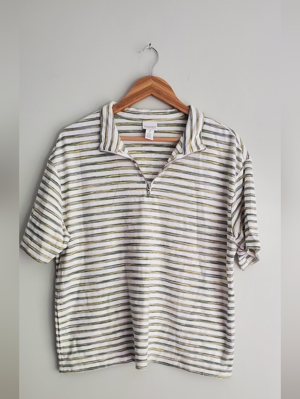 Weekends By Chico Striped Short-Sleeve Light Polo Shirt White & Olive Size 2